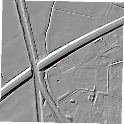 Shaded relief map of the ground around DN208UJ, computed from Environment Agency LiDAR. The ground here sits at about 1 m above sea level and falls 9 m across the surrounding 800 m. Surface water reaching this point runs off ground lying to the west-south-west, 8.9 m higher.