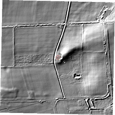 Shaded relief map of the ground around DN209BF, computed from Environment Agency LiDAR. The ground here sits at about 5 m above sea level and falls 8 m across the surrounding 800 m. Surface water reaching this point runs off ground lying to the west, 5.9 m higher.