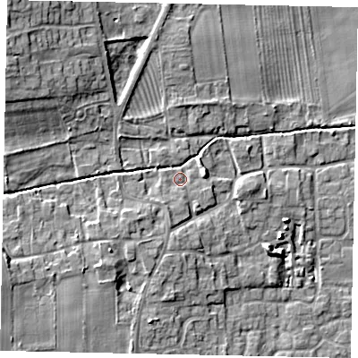 Shaded relief map of the ground around DN209DR, computed from Environment Agency LiDAR. The ground here sits at about 9 m above sea level and falls 12 m across the surrounding 800 m. Surface water reaching this point runs off ground lying to the west-north-west, 7.9 m higher.