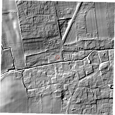 Shaded relief map of the ground around DN209EA, computed from Environment Agency LiDAR. The ground here sits at about 10 m above sea level and falls 12 m across the surrounding 800 m. Surface water reaching this point runs off ground lying to the north-west, 3.0 m higher.
