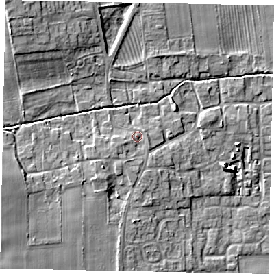 Shaded relief map of the ground around DN209EB, computed from Environment Agency LiDAR. The ground here sits at about 10 m above sea level and falls 13 m across the surrounding 800 m. Surface water reaching this point runs off ground lying to the west-south-west, 1.5 m higher.