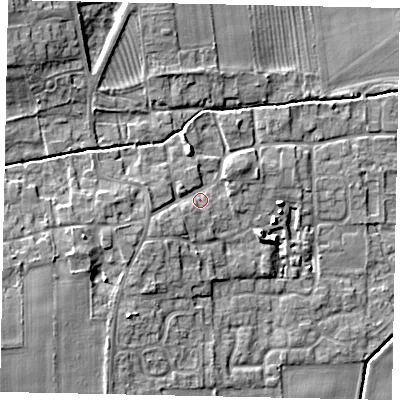 Shaded relief map of the ground around DN209ED, computed from Environment Agency LiDAR. The ground here sits at about 9 m above sea level and falls 11 m across the surrounding 800 m. Surface water reaching this point runs off ground lying to the south-west, 2.2 m higher.
