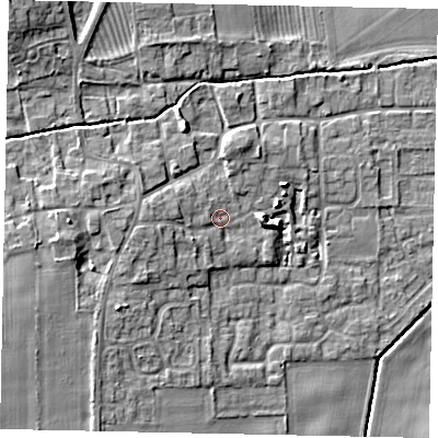 Shaded relief map of the ground around DN209EF, computed from Environment Agency LiDAR. The ground here sits at about 8 m above sea level and falls 11 m across the surrounding 800 m. Surface water reaching this point runs off ground lying to the west, 3.1 m higher.
