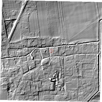 Shaded relief map of the ground around DN209EG, computed from Environment Agency LiDAR. The ground here sits at about 8 m above sea level and falls 10 m across the surrounding 800 m. Surface water reaching this point runs off ground lying to the west-south-west, 4.4 m higher.