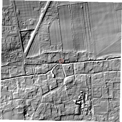 Shaded relief map of the ground around DN209EQ, computed from Environment Agency LiDAR. The ground here sits at about 9 m above sea level and falls 11 m across the surrounding 800 m. Surface water reaching this point runs off ground lying to the west-north-west, 7.8 m higher.