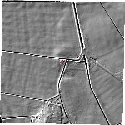 Shaded relief map of the ground around DN209HP, computed from Environment Agency LiDAR. The ground here sits at about 2 m above sea level and falls 6 m across the surrounding 800 m. Surface water reaching this point runs off ground lying to the east-north-east, 2.5 m higher.