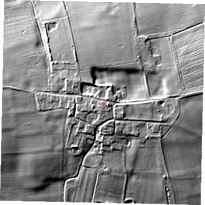 Shaded relief map of the ground around DN209HR, computed from Environment Agency LiDAR. The ground here sits at about 15 m above sea level and falls 15 m across the surrounding 800 m. Surface water reaching this point runs off ground lying to the east-south-east, 1.7 m higher.