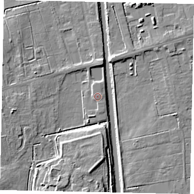 Shaded relief map of the ground around DN209JH, computed from Environment Agency LiDAR. The ground here sits at about 5 m above sea level and falls 9 m across the surrounding 800 m. Surface water reaching this point runs off ground lying to the east, 1.7 m higher.