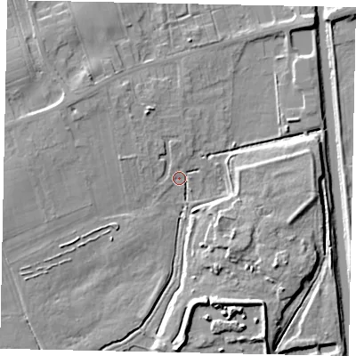 Shaded relief map of the ground around DN209JP, computed from Environment Agency LiDAR. The ground here sits at about 4 m above sea level and falls 10 m across the surrounding 800 m. Surface water reaching this point runs off ground lying to the north-west, 6.1 m higher.