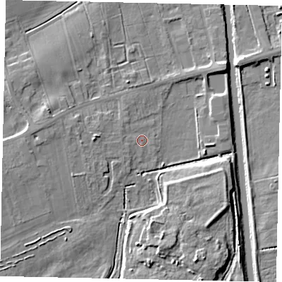 Shaded relief map of the ground around DN209JW, computed from Environment Agency LiDAR. The ground here sits at about 4 m above sea level and falls 9 m across the surrounding 800 m. Surface water reaching this point runs off ground lying to the west, 3.6 m higher.