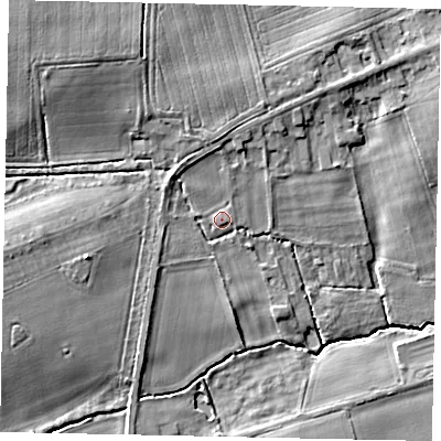 Shaded relief map of the ground around DN209LB, computed from Environment Agency LiDAR. The ground here sits at about 8 m above sea level and falls 13 m across the surrounding 800 m. Surface water reaching this point runs off ground lying to the north-west, 8.5 m higher.