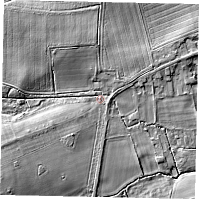 Shaded relief map of the ground around DN209LD, computed from Environment Agency LiDAR. The ground here sits at about 9 m above sea level and falls 15 m across the surrounding 800 m. Surface water reaching this point runs off ground lying to the west-south-west, 8.1 m higher.