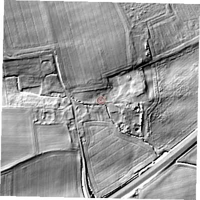 Shaded relief map of the ground around DN209LG, computed from Environment Agency LiDAR. The ground here sits at about 8 m above sea level and falls 14 m across the surrounding 800 m. Surface water reaching this point runs off ground lying to the north-west, 9.8 m higher.