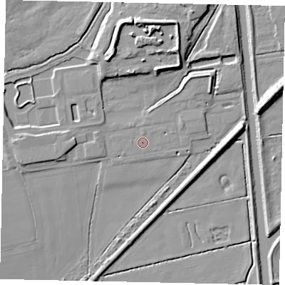 Shaded relief map of the ground around DN209LT, computed from Environment Agency LiDAR. The ground here sits at about 3 m above sea level and falls 11 m across the surrounding 800 m. The ground contributing surface water to this point lies to the north.