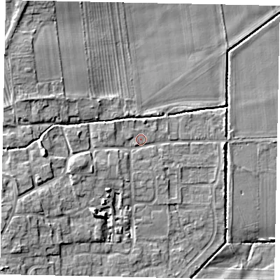 Shaded relief map of the ground around DN209PF, computed from Environment Agency LiDAR. The ground here sits at about 7 m above sea level and falls 9 m across the surrounding 800 m. Surface water reaching this point runs off ground lying to the west-north-west, 1.7 m higher.