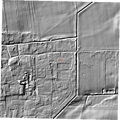 Shaded relief map of the ground around DN209PG, computed from Environment Agency LiDAR. The ground here sits at about 6 m above sea level and falls 9 m across the surrounding 800 m. Surface water reaching this point runs off ground lying to the west, 0.8 m higher.