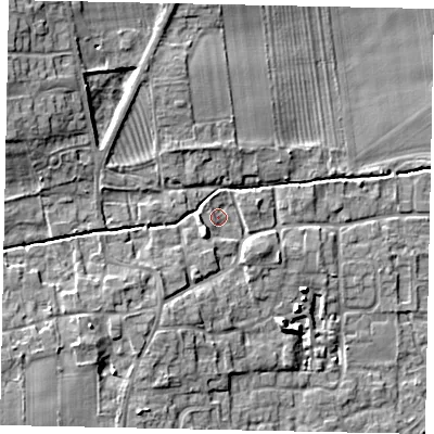 Shaded relief map of the ground around DN209RA, computed from Environment Agency LiDAR. The ground here sits at about 8 m above sea level and falls 11 m across the surrounding 800 m. Surface water reaching this point runs off ground lying to the south-west, 3.8 m higher.