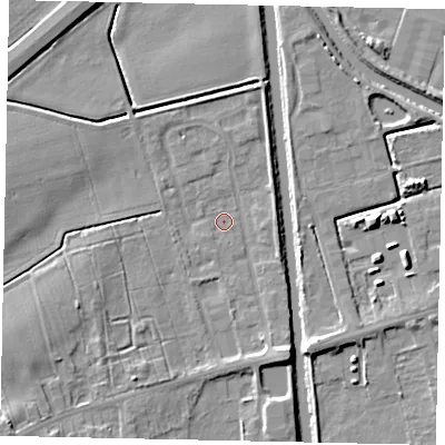 Shaded relief map of the ground around DN209RB, computed from Environment Agency LiDAR. The ground here sits at about 2 m above sea level and falls 8 m across the surrounding 800 m. Surface water reaching this point runs off ground lying to the south-west, 6.0 m higher.