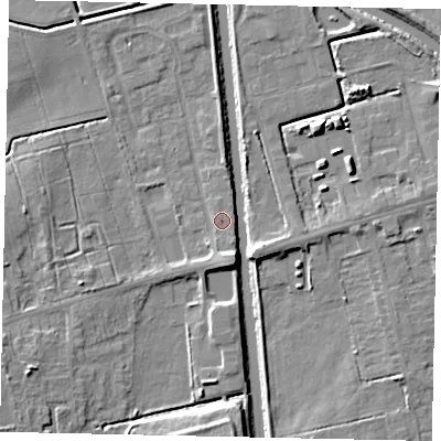 Shaded relief map of the ground around DN209RG, computed from Environment Agency LiDAR. The ground here sits at about 3 m above sea level and falls 8 m across the surrounding 800 m. Surface water reaching this point runs off ground lying to the south, 1.3 m higher.