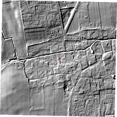 Shaded relief map of the ground around DN209SQ, computed from Environment Agency LiDAR. The ground here sits at about 10 m above sea level and falls 13 m across the surrounding 800 m. Surface water reaching this point runs off ground lying to the south, 1.7 m higher.