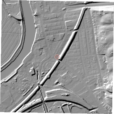 Shaded relief map of the ground around DN211AA, computed from Environment Agency LiDAR. The ground here sits at about 5 m above sea level and falls 34 m across the surrounding 800 m. Surface water reaching this point runs off ground lying to the east-north-east, 30.4 m higher.
