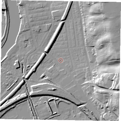 Shaded relief map of the ground around DN211AB, computed from Environment Agency LiDAR. The ground here sits at about 6 m above sea level and falls 34 m across the surrounding 800 m. Surface water reaching this point runs off ground lying to the east-north-east, 30.8 m higher.