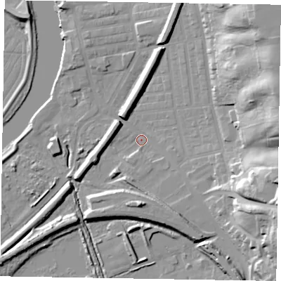 Shaded relief map of the ground around DN211AD, computed from Environment Agency LiDAR. The ground here sits at about 5 m above sea level and falls 34 m across the surrounding 800 m. Surface water reaching this point runs off ground lying to the east-north-east, 30.9 m higher.