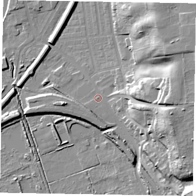 Shaded relief map of the ground around DN211AF, computed from Environment Agency LiDAR. The ground here sits at about 7 m above sea level and falls 33 m across the surrounding 800 m. Surface water reaching this point runs off ground lying to the east, 14.1 m higher.