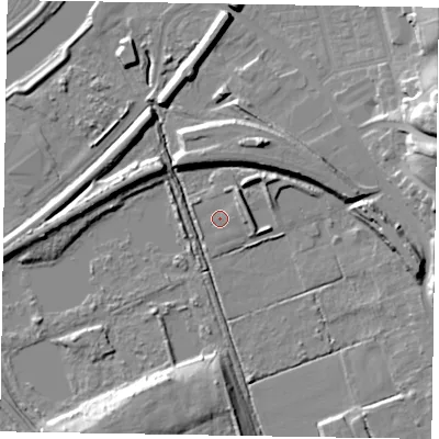 Shaded relief map of the ground around DN211AH, computed from Environment Agency LiDAR. The ground here sits at about 4 m above sea level and falls 22 m across the surrounding 800 m. Surface water reaching this point runs off ground lying to the north-east, 3.4 m higher.