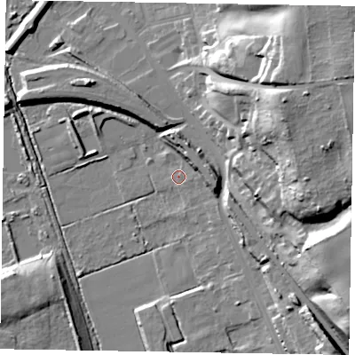 Shaded relief map of the ground around DN211AJ, computed from Environment Agency LiDAR. The ground here sits at about 6 m above sea level and falls 34 m across the surrounding 800 m. Surface water reaching this point runs off ground lying to the east, 7.4 m higher.