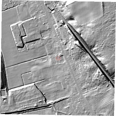 Shaded relief map of the ground around DN211AQ, computed from Environment Agency LiDAR. The ground here sits at about 7 m above sea level and falls 33 m across the surrounding 800 m. Surface water reaching this point runs off ground lying to the east-north-east, 18.5 m higher.