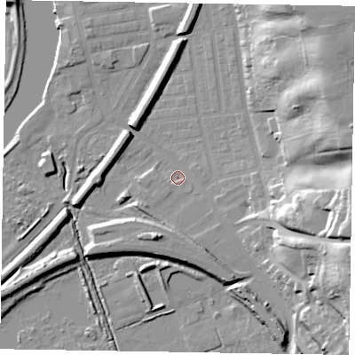 Shaded relief map of the ground around DN211BA, computed from Environment Agency LiDAR. The ground here sits at about 6 m above sea level and falls 34 m across the surrounding 800 m. Surface water reaching this point runs off ground lying to the east-south-east, 17.6 m higher.
