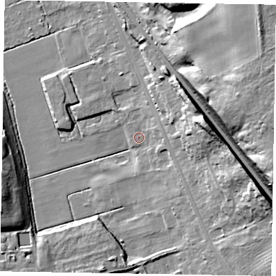 Shaded relief map of the ground around DN211BB, computed from Environment Agency LiDAR. The ground here sits at about 6 m above sea level and falls 33 m across the surrounding 800 m. Surface water reaching this point runs off ground lying to the east-north-east, 2.2 m higher.