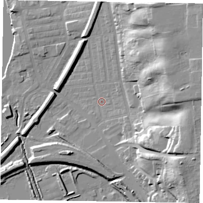 Shaded relief map of the ground around DN211DF, computed from Environment Agency LiDAR. The ground here sits at about 6 m above sea level and falls 34 m across the surrounding 800 m. Surface water reaching this point runs off ground lying to the north-east, 29.6 m higher.