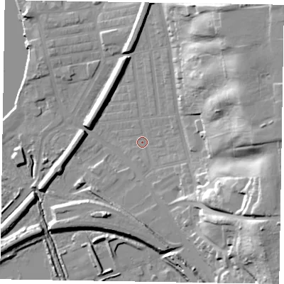 Shaded relief map of the ground around DN211DG, computed from Environment Agency LiDAR. The ground here sits at about 6 m above sea level and falls 34 m across the surrounding 800 m. Surface water reaching this point runs off ground lying to the north-east, 29.8 m higher.