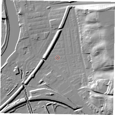 Shaded relief map of the ground around DN211DH, computed from Environment Agency LiDAR. The ground here sits at about 6 m above sea level and falls 34 m across the surrounding 800 m. Surface water reaching this point runs off ground lying to the east-north-east, 30.9 m higher.