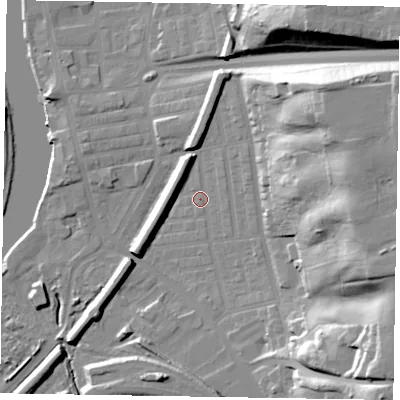 Shaded relief map of the ground around DN211DJ, computed from Environment Agency LiDAR. The ground here sits at about 7 m above sea level and falls 34 m across the surrounding 800 m. Surface water reaching this point runs off ground lying to the north-north-east, 3.7 m higher.