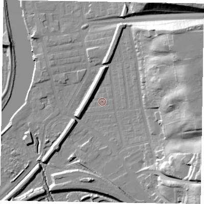 Shaded relief map of the ground around DN211DL, computed from Environment Agency LiDAR. The ground here sits at about 6 m above sea level and falls 34 m across the surrounding 800 m. Surface water reaching this point runs off ground lying to the east-north-east, 30.9 m higher.