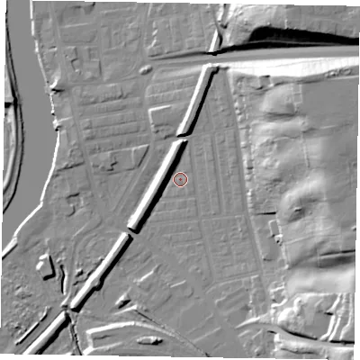 Shaded relief map of the ground around DN211DN, computed from Environment Agency LiDAR. The ground here sits at about 6 m above sea level and falls 35 m across the surrounding 800 m. Surface water reaching this point runs off ground lying to the north, 8.3 m higher.