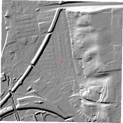 Shaded relief map of the ground around DN211DP, computed from Environment Agency LiDAR. The ground here sits at about 7 m above sea level and falls 34 m across the surrounding 800 m. Surface water reaching this point runs off ground lying to the east-north-east, 29.2 m higher.