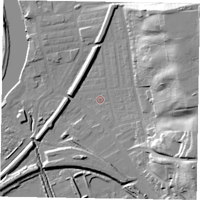 Shaded relief map of the ground around DN211DQ, computed from Environment Agency LiDAR. The ground here sits at about 6 m above sea level and falls 34 m across the surrounding 800 m. Surface water reaching this point runs off ground lying to the east-north-east, 30.8 m higher.