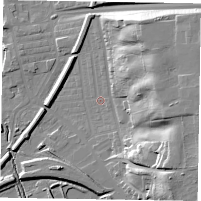 Shaded relief map of the ground around DN211DR, computed from Environment Agency LiDAR. The ground here sits at about 7 m above sea level and falls 34 m across the surrounding 800 m. Surface water reaching this point runs off ground lying to the east-north-east, 28.7 m higher.