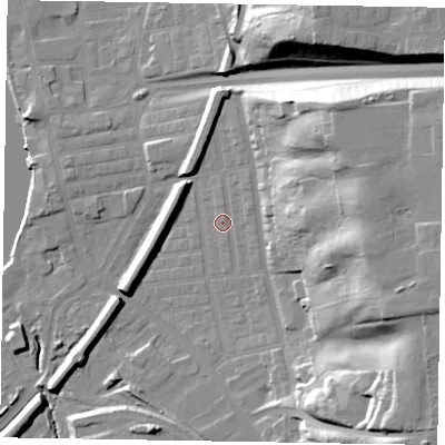 Shaded relief map of the ground around DN211DS, computed from Environment Agency LiDAR. The ground here sits at about 8 m above sea level and falls 34 m across the surrounding 800 m. Surface water reaching this point runs off ground lying to the north-north-east, 3.2 m higher.