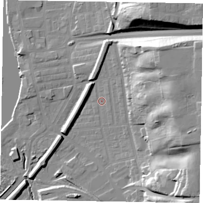 Shaded relief map of the ground around DN211DW, computed from Environment Agency LiDAR. The ground here sits at about 7 m above sea level and falls 34 m across the surrounding 800 m. Surface water reaching this point runs off ground lying to the north-north-east, 3.0 m higher.