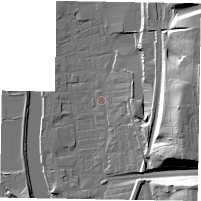 Shaded relief map of the ground around DN211HS, computed from Environment Agency LiDAR. The ground here sits at about 6 m above sea level and falls 35 m across the surrounding 800 m. Surface water reaching this point runs off ground lying to the east-south-east, 12.6 m higher.