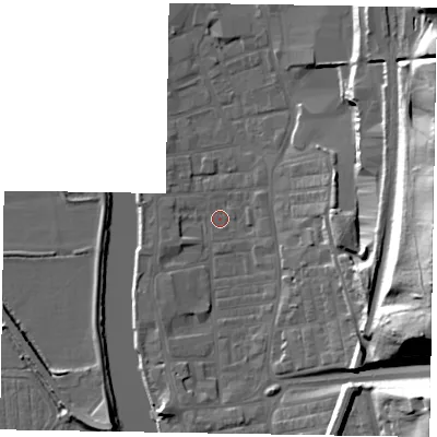 Shaded relief map of the ground around DN211HT, computed from Environment Agency LiDAR. The ground here sits at about 5 m above sea level and falls 34 m across the surrounding 800 m. Surface water reaching this point runs off ground lying to the east-south-east, 32.1 m higher.