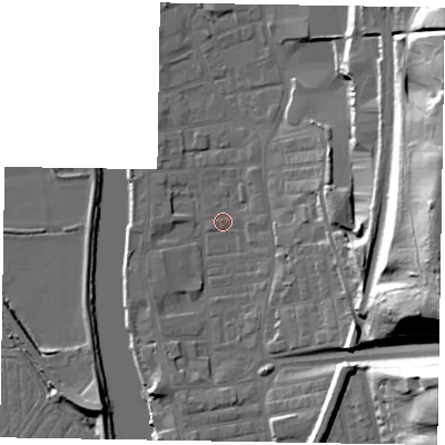 Shaded relief map of the ground around DN211HX, computed from Environment Agency LiDAR. The ground here sits at about 5 m above sea level and falls 36 m across the surrounding 800 m. Surface water reaching this point runs off ground lying to the east, 32.8 m higher.