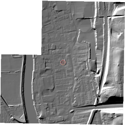 Shaded relief map of the ground around DN211HZ, computed from Environment Agency LiDAR. The ground here sits at about 5 m above sea level and falls 35 m across the surrounding 800 m. Surface water reaching this point runs off ground lying to the east, 32.8 m higher.