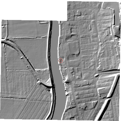 Shaded relief map of the ground around DN211JA, computed from Environment Agency LiDAR. The ground here sits at about 6 m above sea level and falls 15 m across the surrounding 800 m. Surface water reaching this point runs off ground lying to the south-south-west, 5.2 m higher.