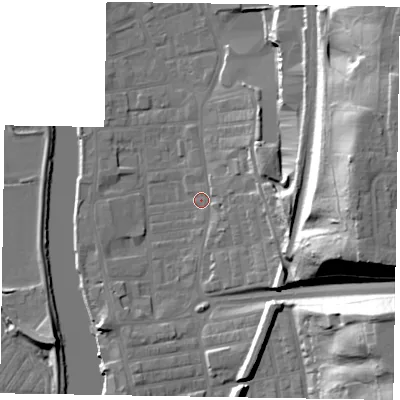 Shaded relief map of the ground around DN211JD, computed from Environment Agency LiDAR. The ground here sits at about 6 m above sea level and falls 36 m across the surrounding 800 m. Surface water reaching this point runs off ground lying to the east-north-east, 32.7 m higher.